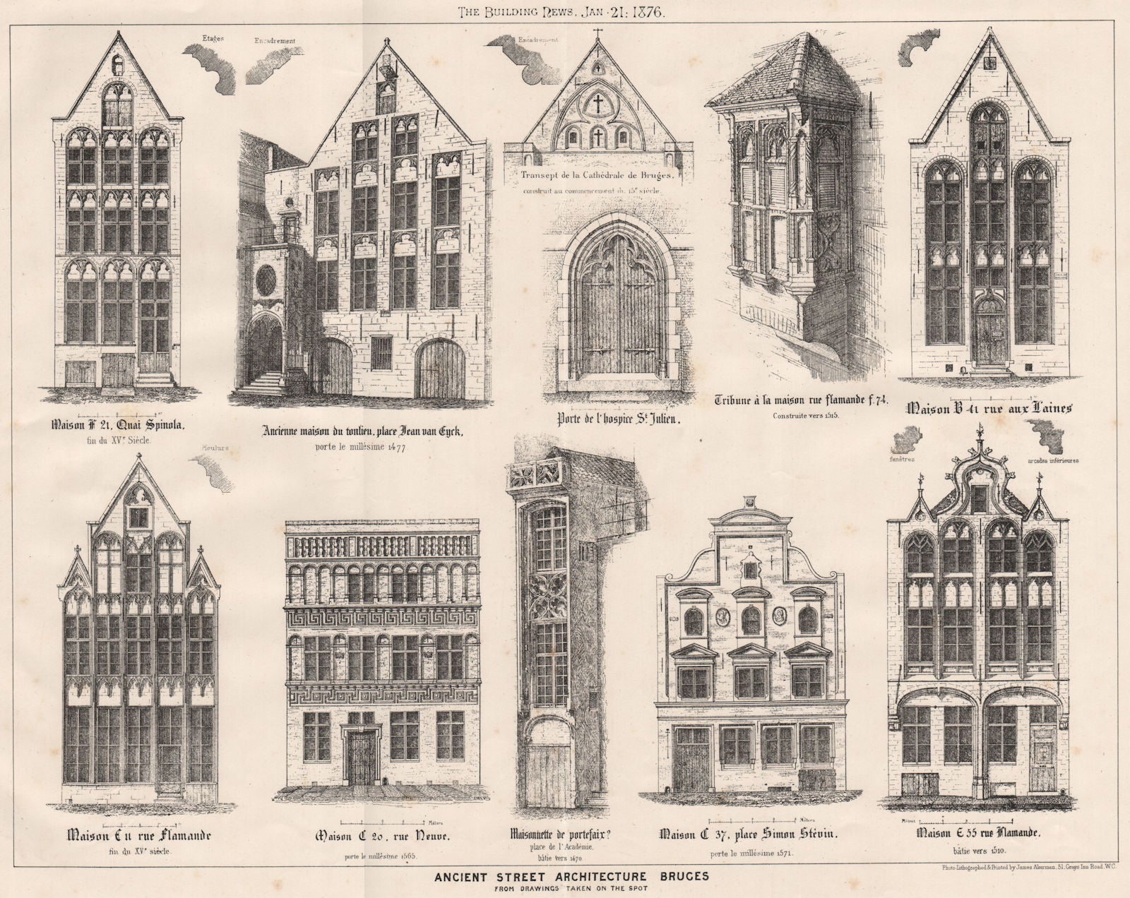 Ancient street Archture, Bruges, from drawings taken on the spot. Belgium 1876